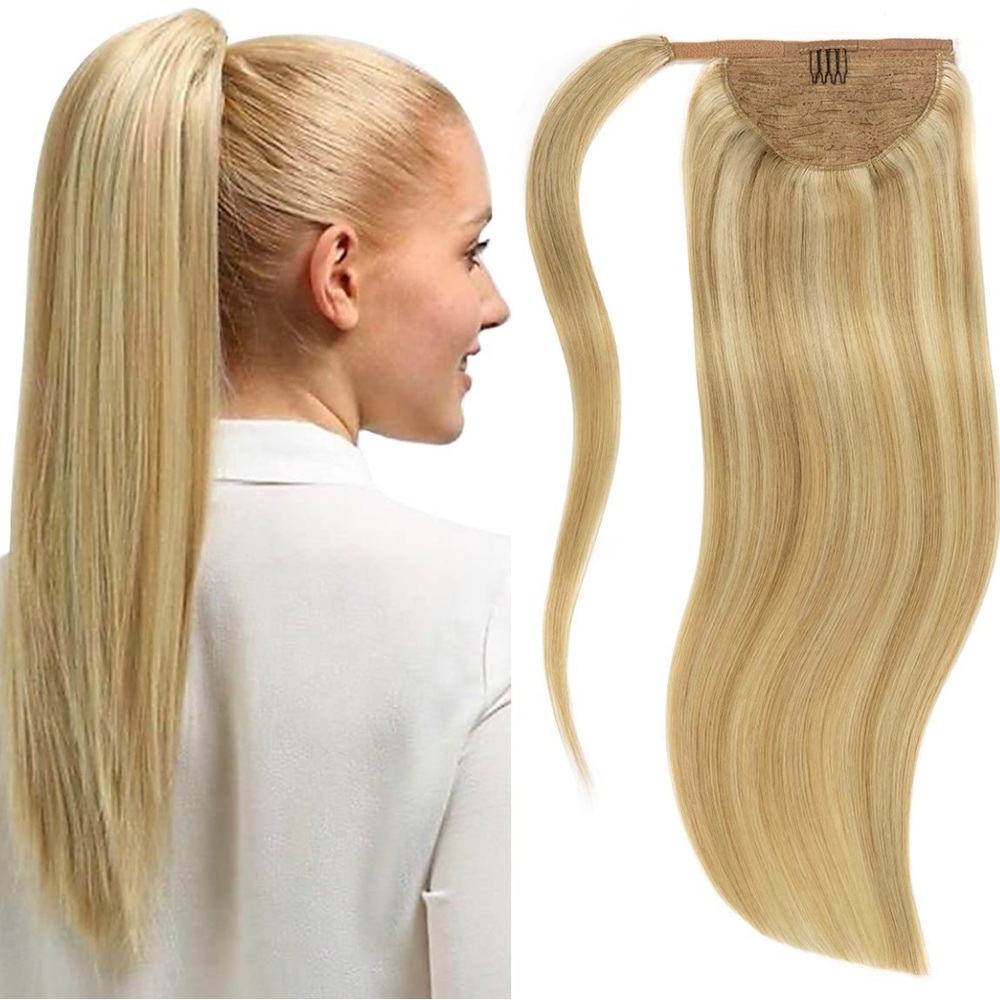 18” Ash & Platinum Blonde 12/60 Wrap Around Ponytail Extension Human Hair 90g DP